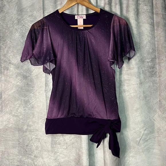 Candie’s Girl Purple Ombre Glitter Flutter Sleeve Top with Bow at the Waist -MED - Picture 1 of 9